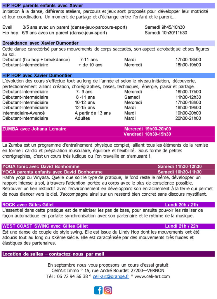 HORAIRES & PLANNINGS - Ecole de danse CELI'ART 2021 2022 - Vernon 27