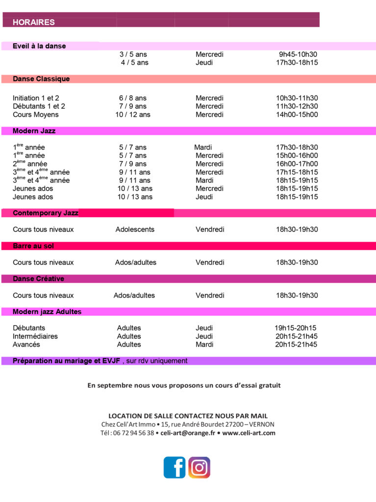 Planning Ecole de danse Celiart Modern'Jazz et Classique 2021-2022 - Vernon St Marcel 27