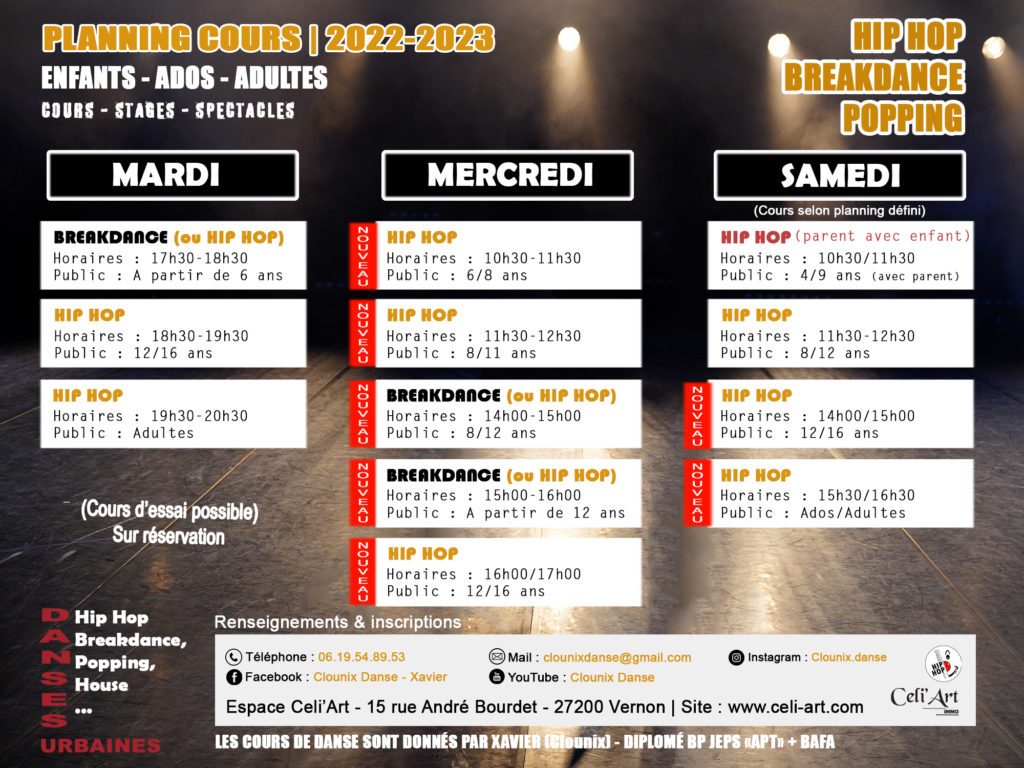 Planning cours danse Hip Hop-Breakdance - Vernon Eure (27) Clounix Celi'Art 2022-2023
